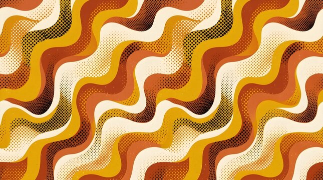 Warm orange and yellow retro wave pattern with bold cream curves creating a cheerful abstract background for textile, wallpaper and fashion