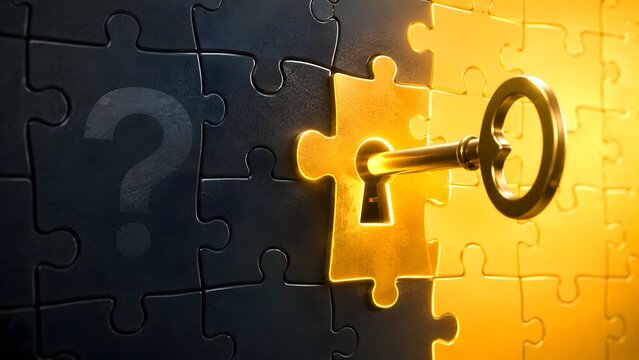 Glowing golden key unlocking jigsaw puzzle piece representing problem solving and solution concept.