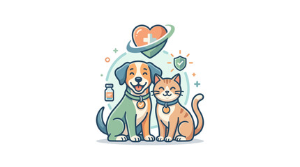 Fototapeta premium Happy dog and cat surrounded by pet health icons.