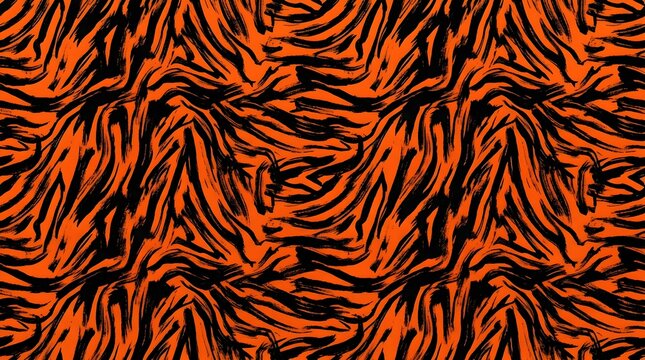 Bold black and orange tiger stripe pattern with dramatic organic lines, wild texture and energetic visual movement for fashion and textile design