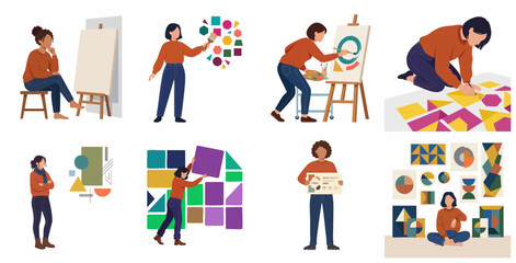 Fototapeta premium Set of flat vector illustrations of diverse women artists painting and creating abstract geometric art in an art studio