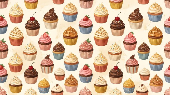 Cute seamless cupcake pattern with colorful frosted pastries on a cream background, designed for cheerful bakery packaging, textiles and party decor