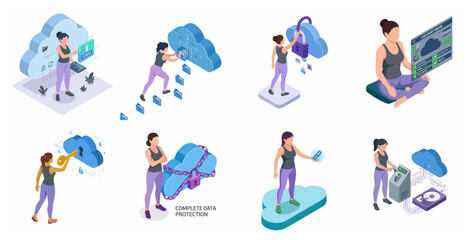 Fototapeta premium Isometric Cloud Security and Data Protection Illustration Set Featuring a Woman Managing Secure Cloud Storage and Monitoring Systems