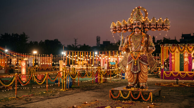 dussehra festival effigy of ravana with multiple heads in field at twilight