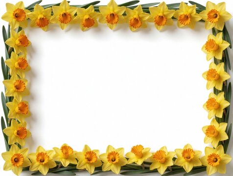 Yellow daffodils form a natural border around blank white space, perfect for spring event invites or seasonal greetings. Flowers create a vibrant, fresh look for any message.