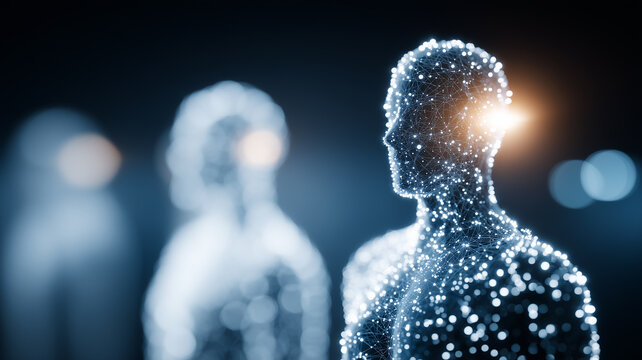 A digital human figure formed by connected points and lines represents artificial intelligence and the concept of virtual identity.
