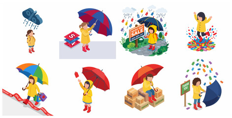 Fototapeta premium Isometric set of a little girl in a yellow raincoat with umbrellas and discount tags for rainy day sale marketing