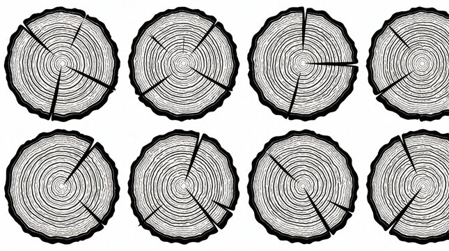 Eight black and white wood tree ring outlines arranged in two rows. Tree slice cross sections show annual growth patterns. Rustic graphic design element for nature themes.