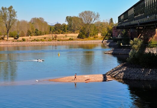 Mainz, Rhineland Palatinate, Germany &ndash; Rhine river landscape with railway bridge, sandbar and recreational activity on sunny summer day.