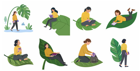 Fototapeta premium Set of flat illustrations of a woman student reading, writing, and relaxing on giant green leaves, nature and education concept