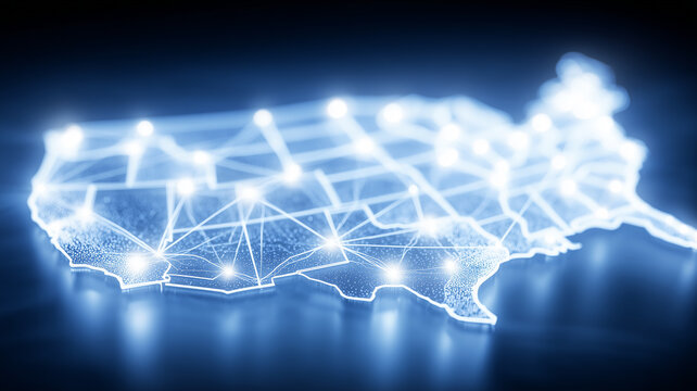 A connected map of the United States represents nationwide digital infrastructure communication networks and data connectivity.
