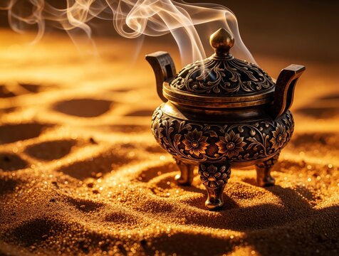 Ornate brass censer smolders releasing smoke. Antique ritual vessel sits on golden sand. Warm light creates mystical atmosphere for meditation or prayer.
