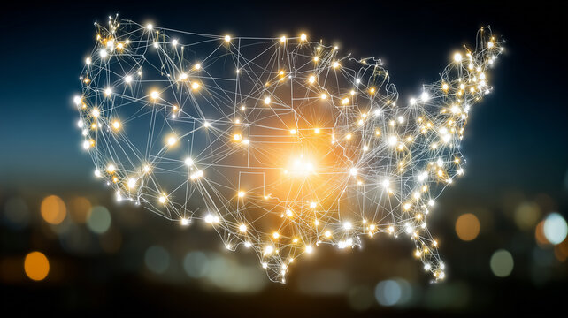 A connected United States map formed by network nodes represents nationwide digital infrastructure and data communication.
