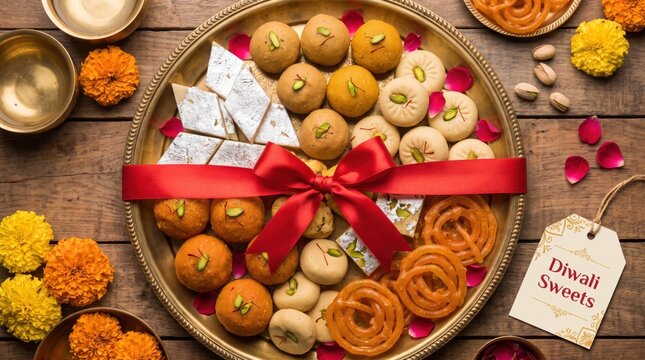 Traditional indian diwali sweets platter with red ribbon and marigold flowers on wooden background