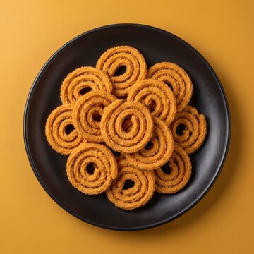 Top view of crispy indian snack chakli or murukku arranged on a black plate