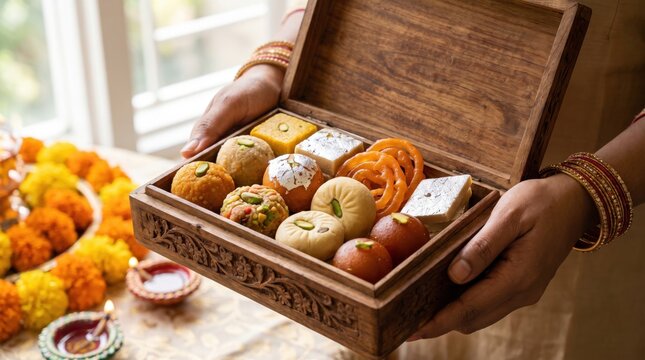 Person holding a wooden box filled with assorted traditional indian sweets for diwali festival