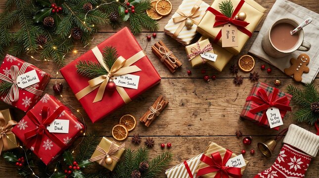 Overhead View of Christmas Presents Wrapped in Red and Gold on a Wooden Surface
