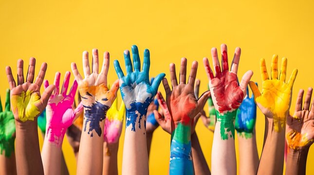Diverse colorful painted hands raised up on yellow background