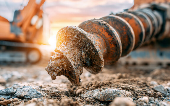 Close up of excavator auger drilling into soil at construction site