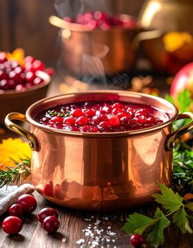Steaming Cranberry Sauce in Copper Pot on Wooden Table