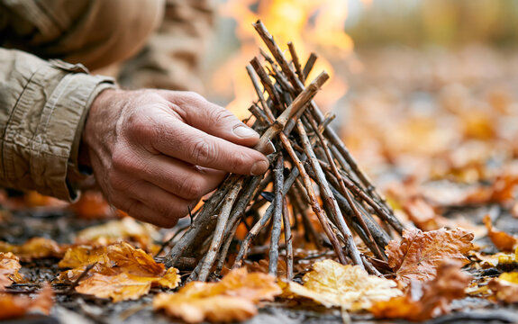 Person arranging small wood branches and dry leaves for campfire in autumn forest