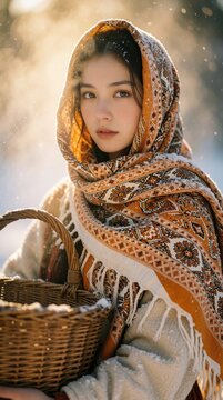 Young woman with patterned scarf and basket in winter snow. Soft sunlight illuminates her happy face. She wears warm clothes. Traditional style, peaceful winter scene.