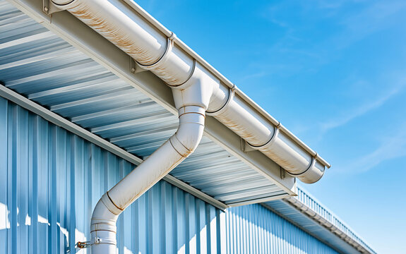 White gutter and downspout on metal building under blue sky