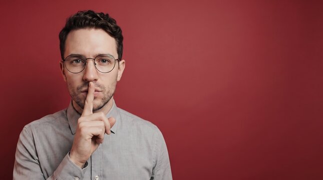 Man with glasses making shh gesture on red background