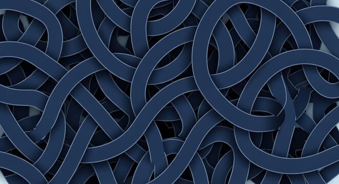 A dense tangle of dark navy blue ribbons weaves together to form an intricate labyrinth pattern representing chaotic complexity that fills the entire visual frame with these interlaced curvy