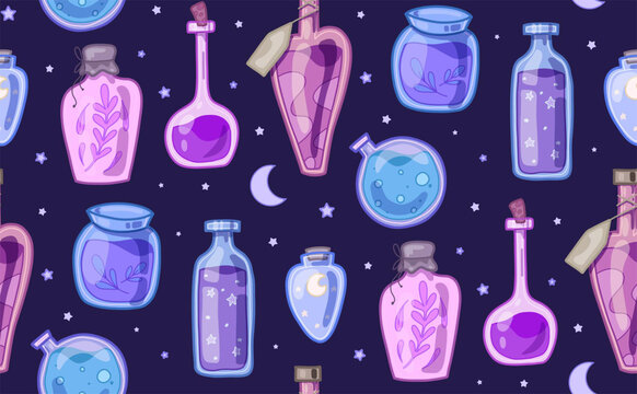 Seamless pattern of magical potion bottles with stars and moons