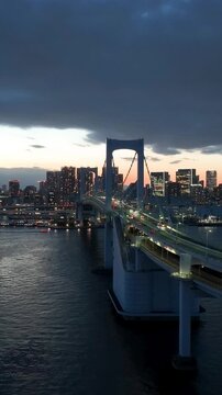 Vertical video.Tokyo Bay Cityscape with Rainbow Bridge and Skyscrapers
