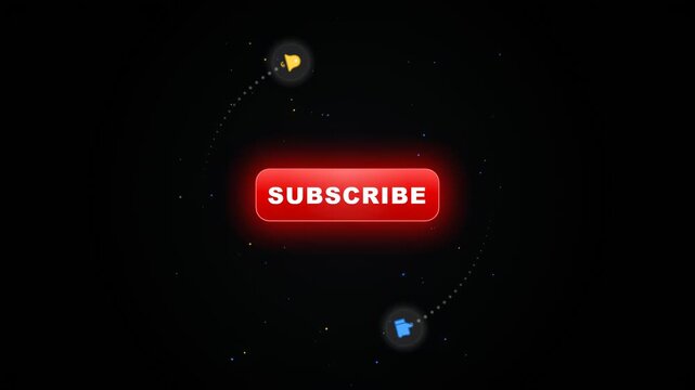 Animated red subscribe button with floating like and notification bell icons on black background