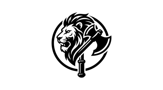 Lion head and battle axe emblem logo illustration.
