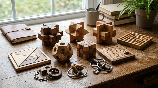 Assortment of Wooden Brain Puzzles and Mind Games for Cognitive Training, Problem Solving and Intellectual Entertainment