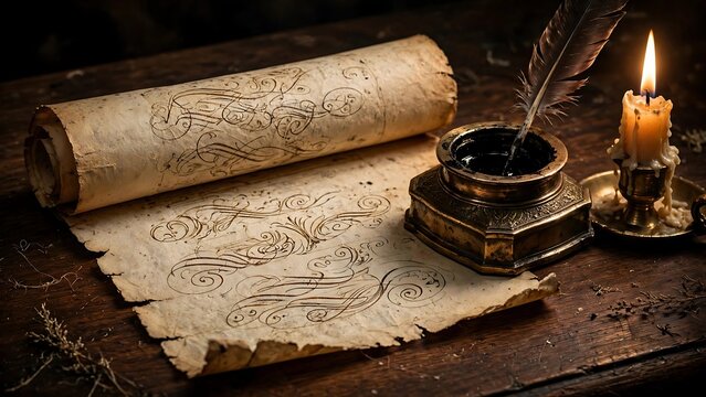 Vintage Unrolled Paper Scroll with Feather Quill and Candle