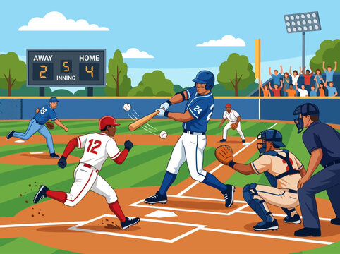 Exciting Baseball Game With Batting Action And Scoreboard Display