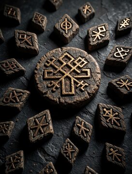 Ancient wooden runes with mystic symbols scattered on dark stone surface. Large circular wood carving with golden engraving sits in center. Mysterious divination tools, sacred pagan objects for magic