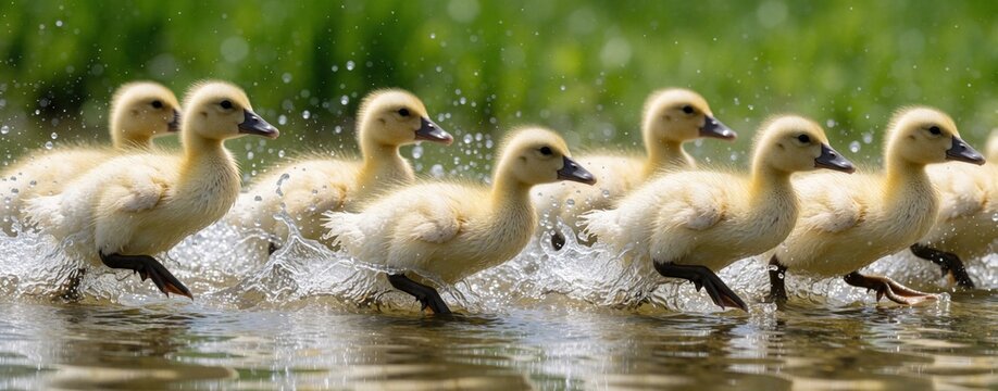 Group of fluffy yellow ducklings waddle quickly through shallow water creating splashes. In line moving forward with green foliage blurred in background. Represents new life, joy, spring activity.