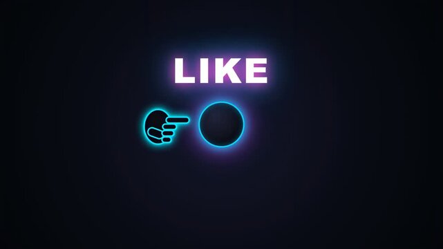 Neon glowing like button animation with finger pointing icon on dark blue background