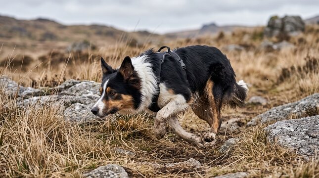 Border collie in a harness running low through rough moorland grass while following a scent