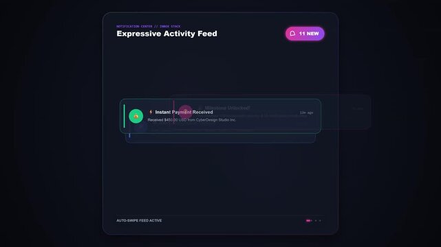 Dark interface shows activity feed notification. Pink icon signals unlocked status with subtle glow. Clean design emphasizes modern digital interaction
