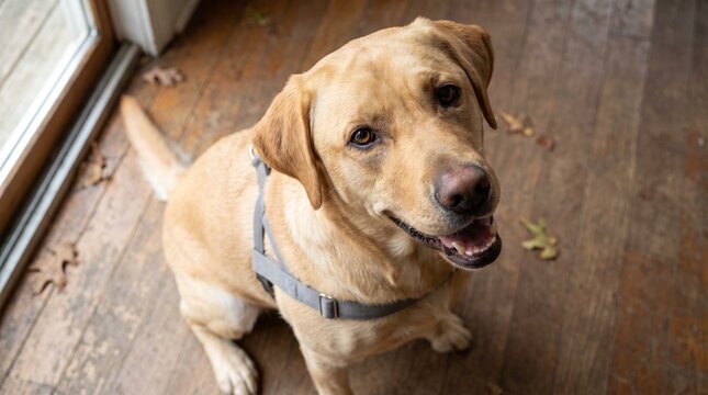 Yellow labrador in a grey harness sitting and looking up eagerly on a worn wooden floor