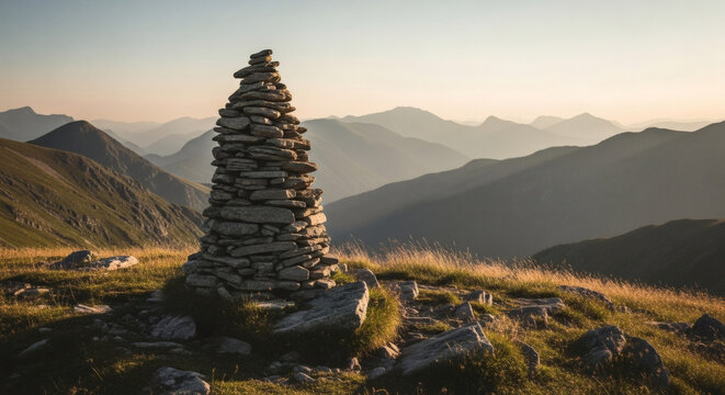 Stone cairn balancing on a mountain peak during golden hour with hazy layers of distant ranges in the background
