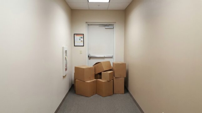 Stack of cardboard moving boxes piled in the center of an empty office corridor with office relocati