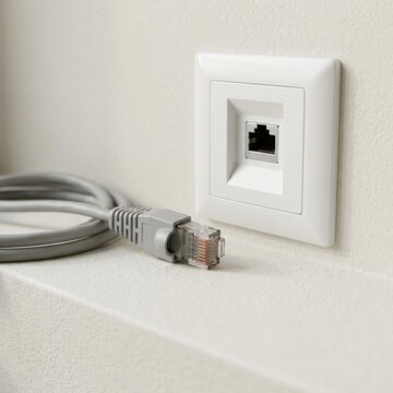 Ethernet network cable with rj45 connector placed next to a wall mounted port
