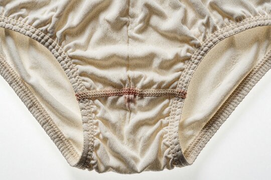 Cream colored women briefs with faint red stains and wrinkles isolated on white. Used undergarment texture and shape, fabric wear visible on intimate apparel.