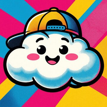 Cute cartoon cloud wearing a backward baseball cap. Pop art style with vibrant colors and geometric patterns. Playful character design perfect for kids themes.