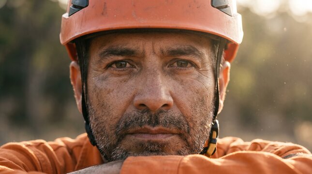 Close up portrait of a rescue worker in an orange helmet looking straight at the camera