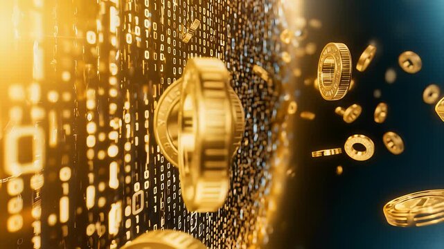 Golden digital coins flying out of a binary code grid pattern, glowing numbers and streaming data. Cryptocurrency mining, blockchain technology, finance.
