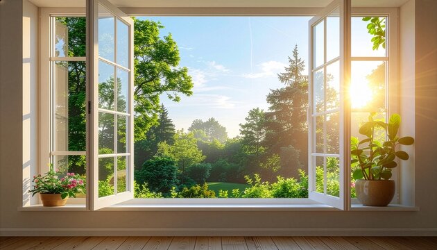 Bright sunny morning view through an open window overlooking a vibrant green forest and garden with potted plants on the sill.